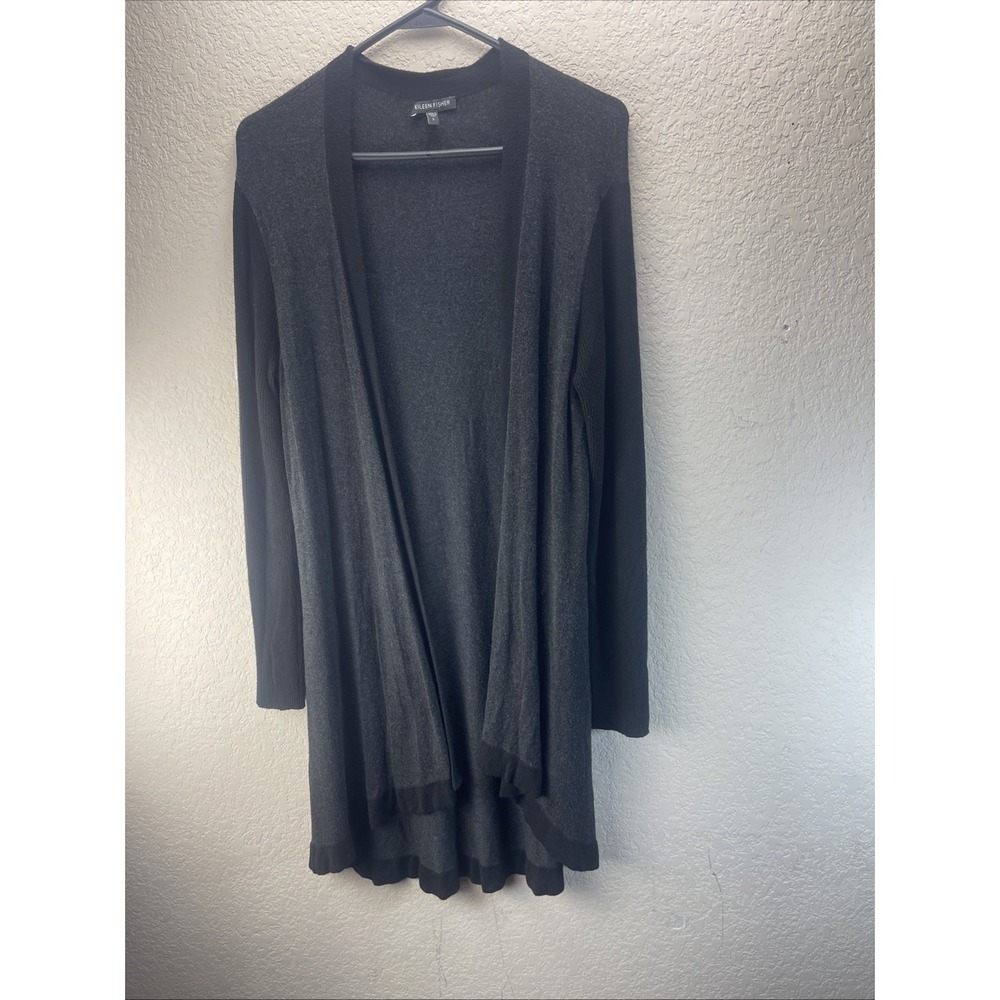 Eileen Fisher Long Sleeve Linen Blend Long Line Cardigan Sweater Sz  S Black.